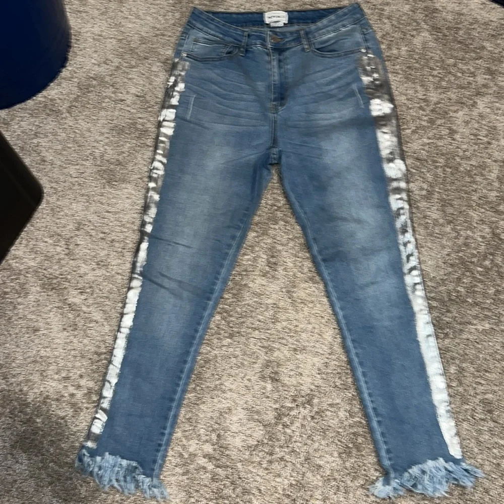 FOR THE REPUBLIC METALLIC SILVER SIDE FRINGE BOTTOM DENIM JEANS size 6 - Picture 1 of 5